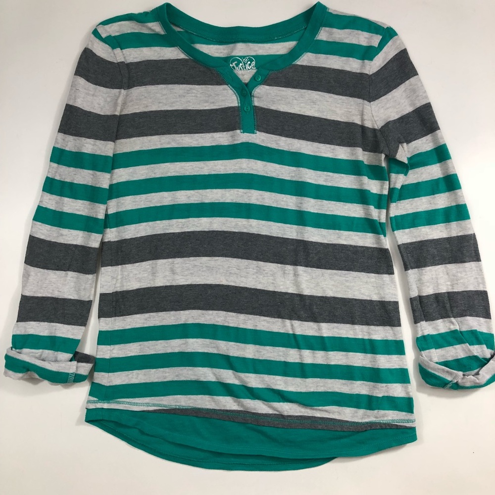 Justice Teal, White & Gray Striped Shirt